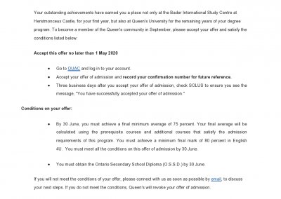 Queens University Acceptance Letter