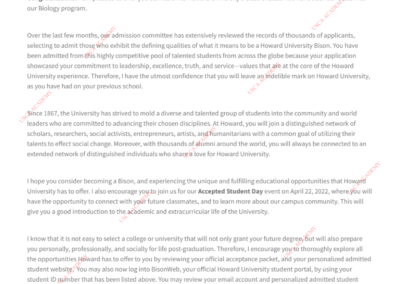 Howard University Acceptance Letter