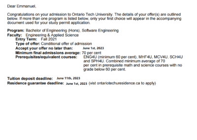 Ontario Tech University admission letter
