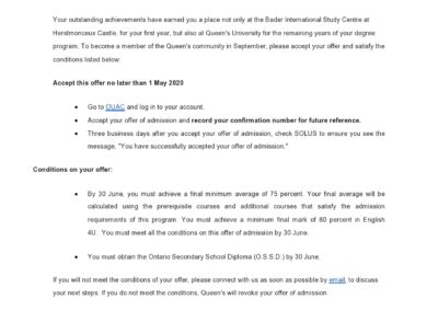 Queen's University Acceptance Letter