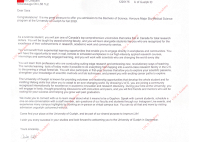 University of Guelph admission offer