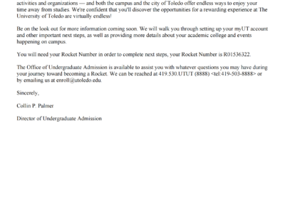 University of Toledo Acceptance Letter