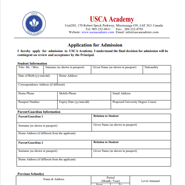 USA Academy application form