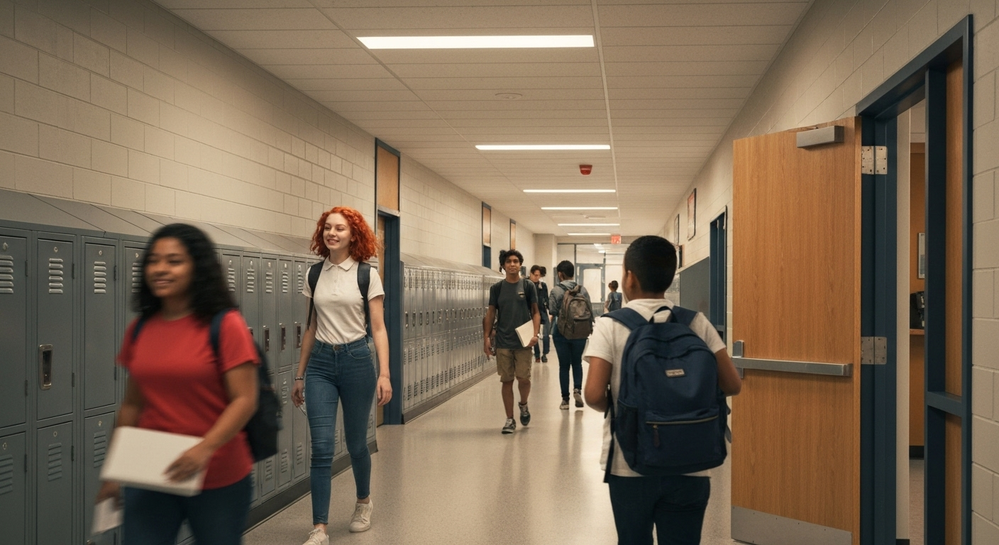 Students in high school hallway