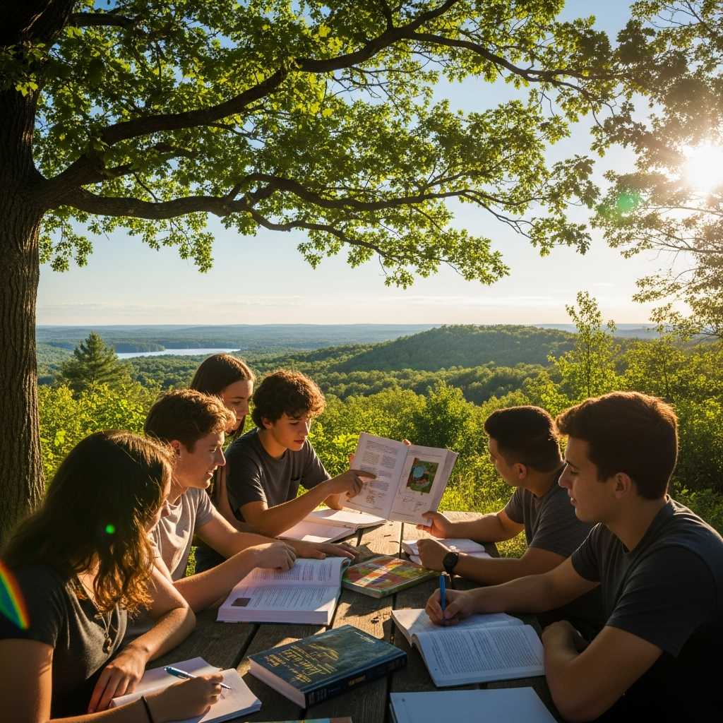 Students studying outdoors in summer