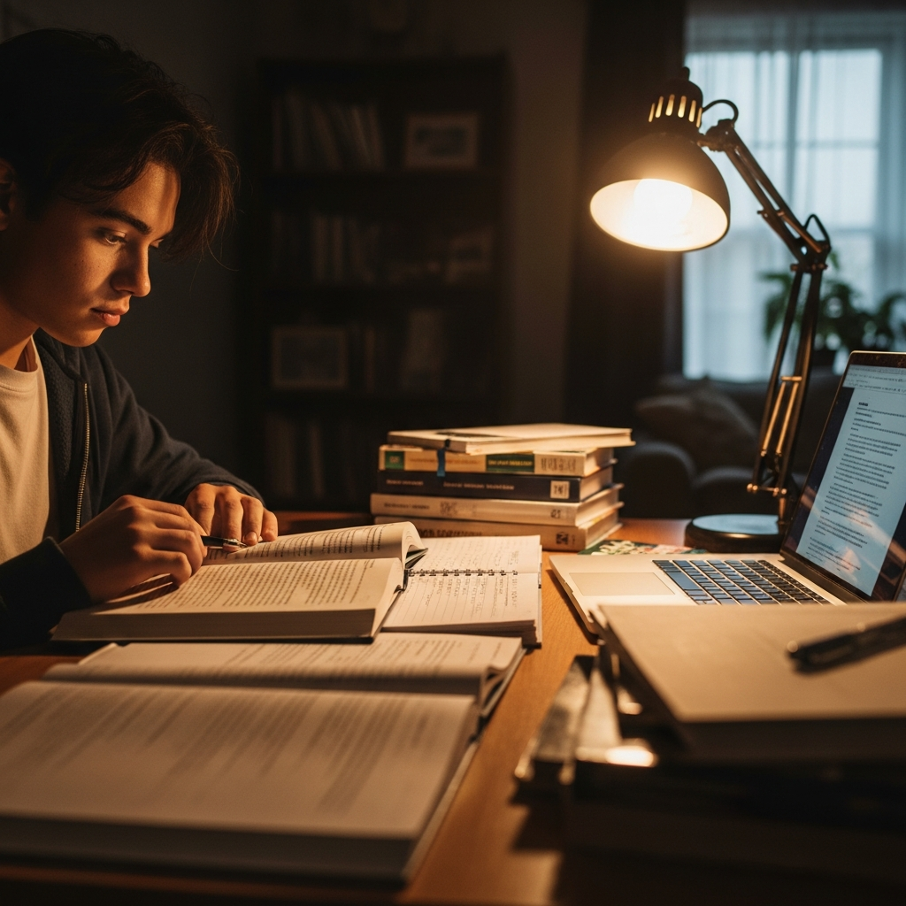 Student studying with books at desk