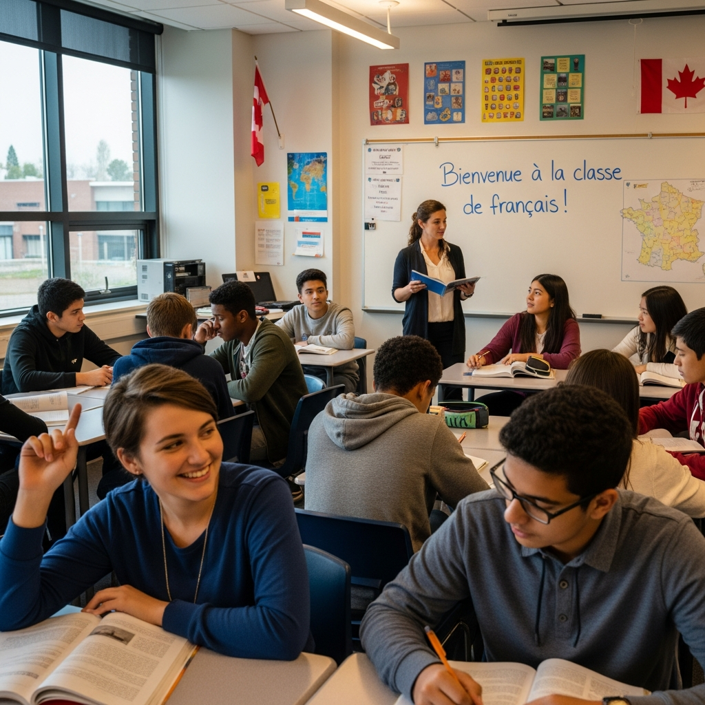 Students learning French in classroom