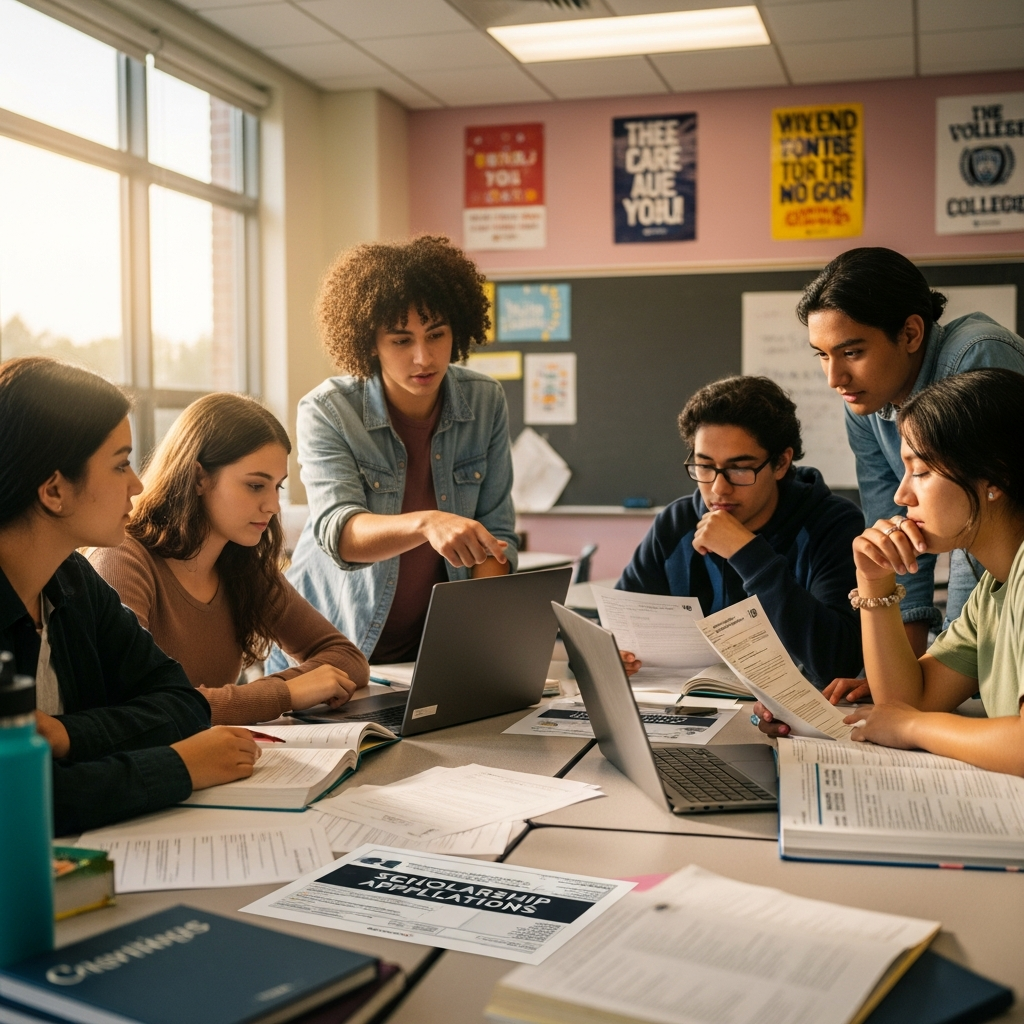 Student Scholarship Opportunities: How to Build a Winning Profile (2026 Guide) 1 Students reviewing scholarship applications classroom