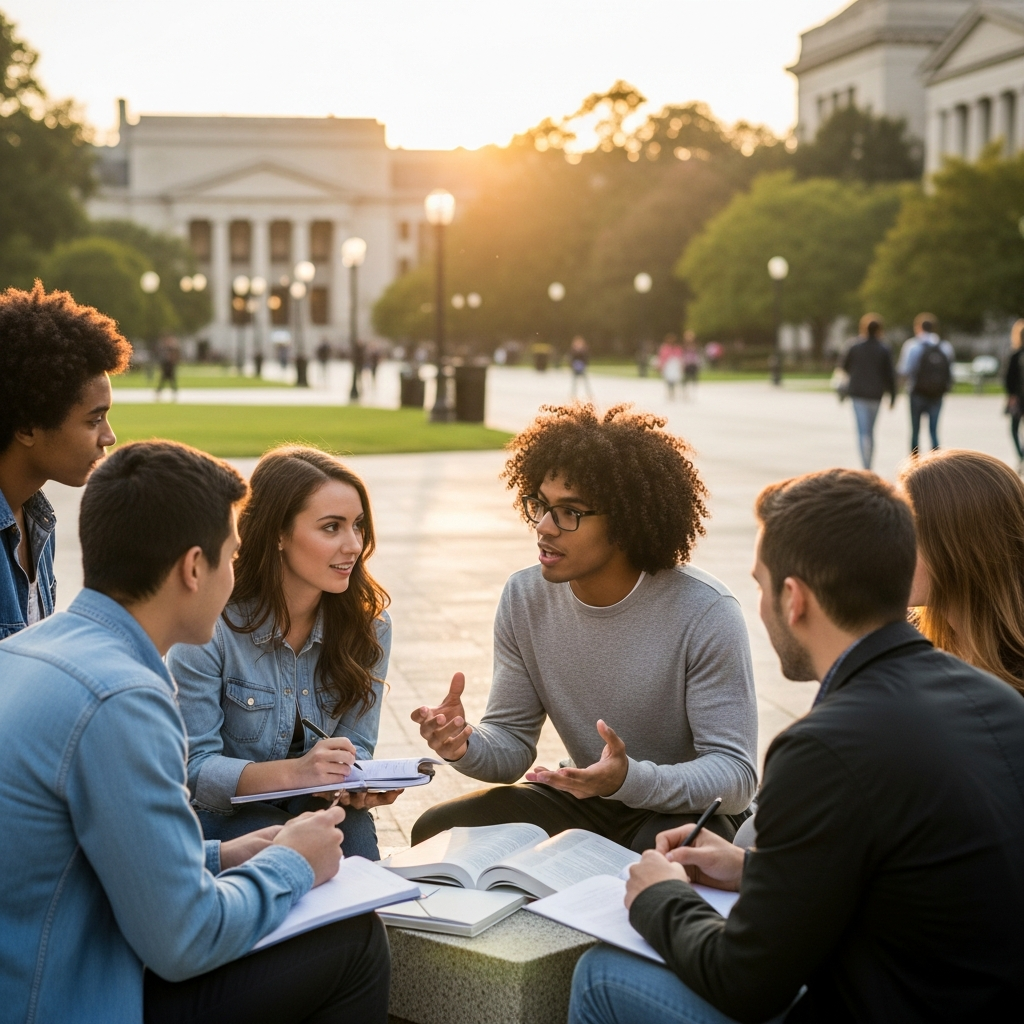 Political Science for Law School in Canada: Is It the Best Path in 2026? 1 Students discussing law outdoors campus